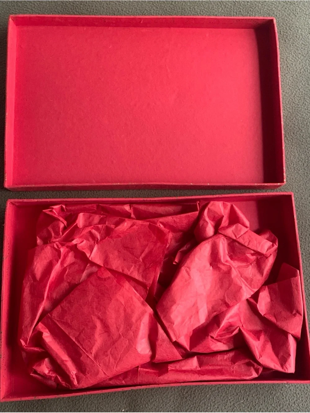 Decorative gift boxes and bag. 4 boxes, 1 bag. Red, gold, cream.